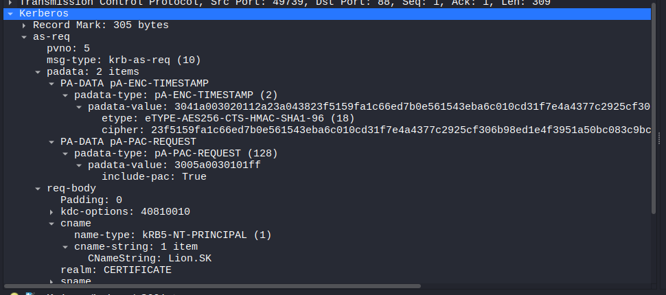 Kerberos pre-auth cipher in the AS-REQ packet