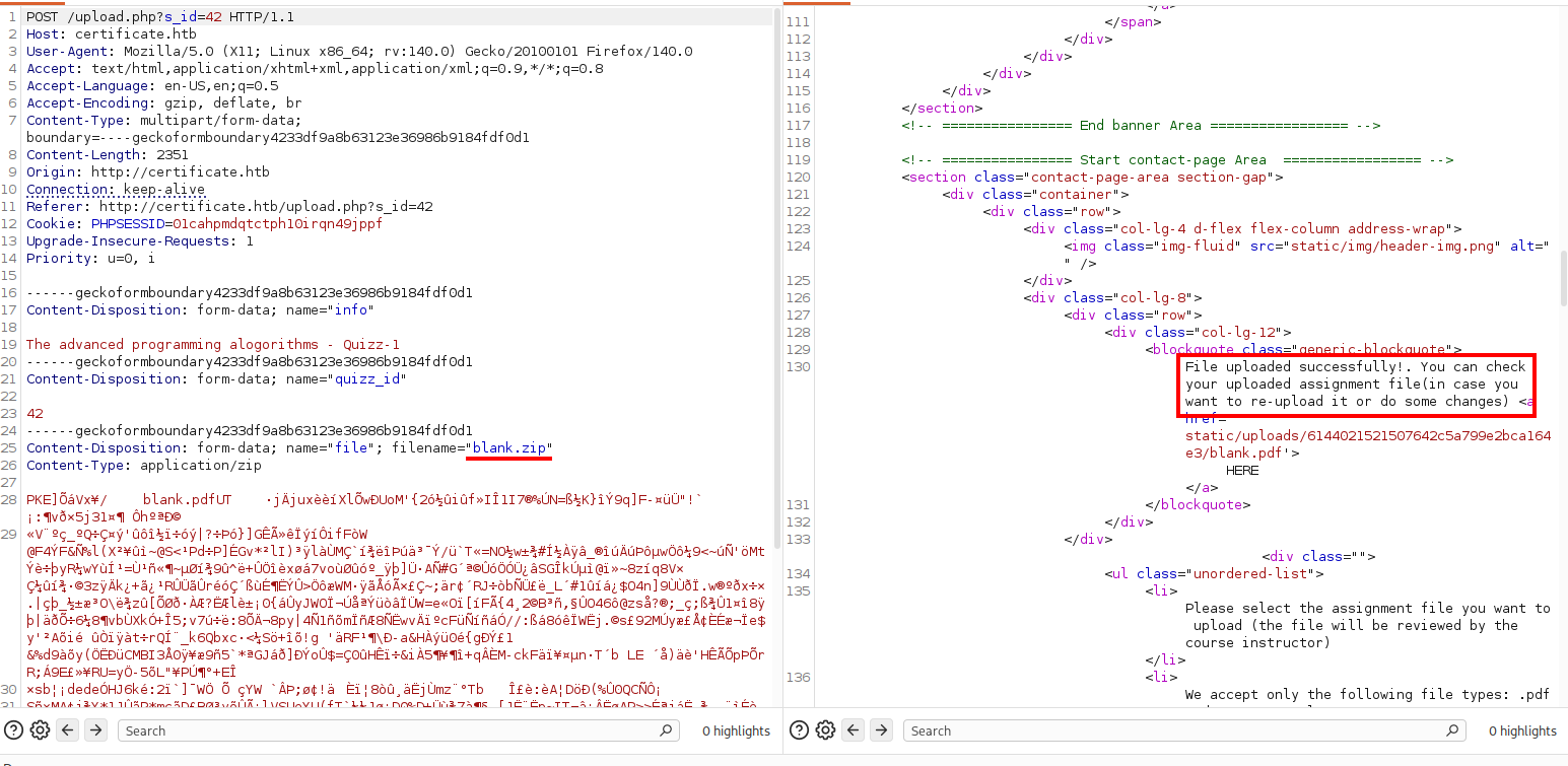 blank.zip accepted and the upload path leaked