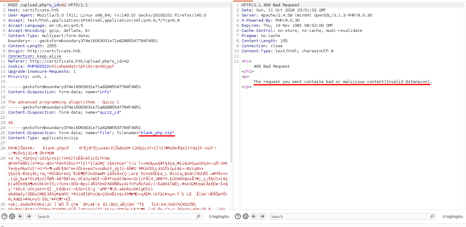 blank_php.zip rejected with a 400 Invalid Extension error