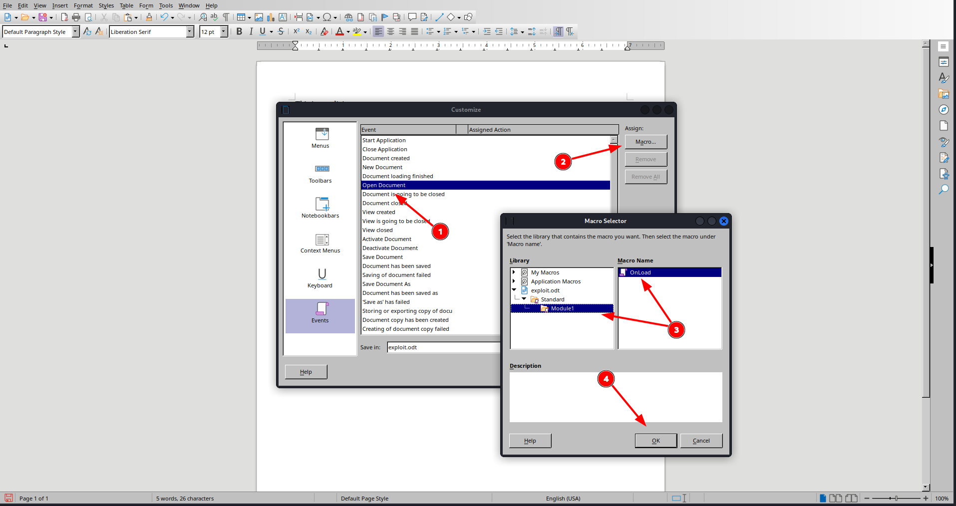 The Customize dialog on the Events tab, assigning the OnLoad macro to the Open Document event via the Macro Selector
