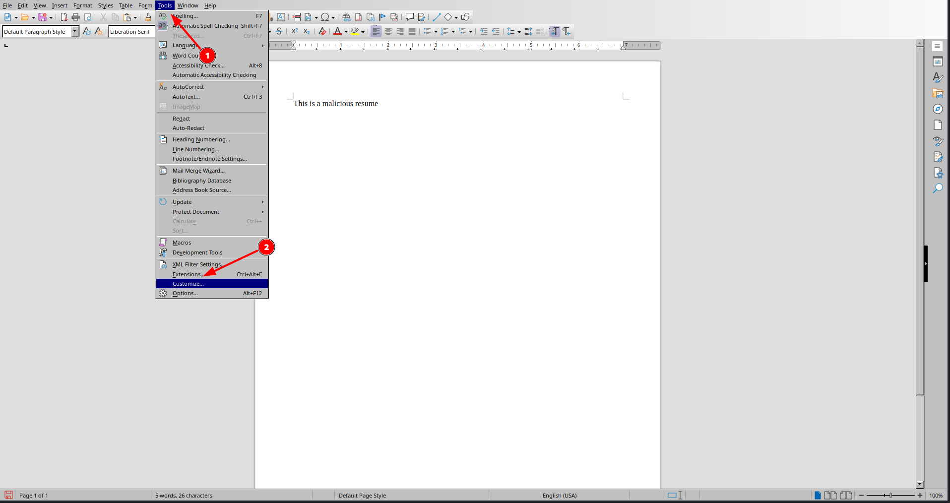 LibreOffice Writer with the Tools menu open and Customize selected
