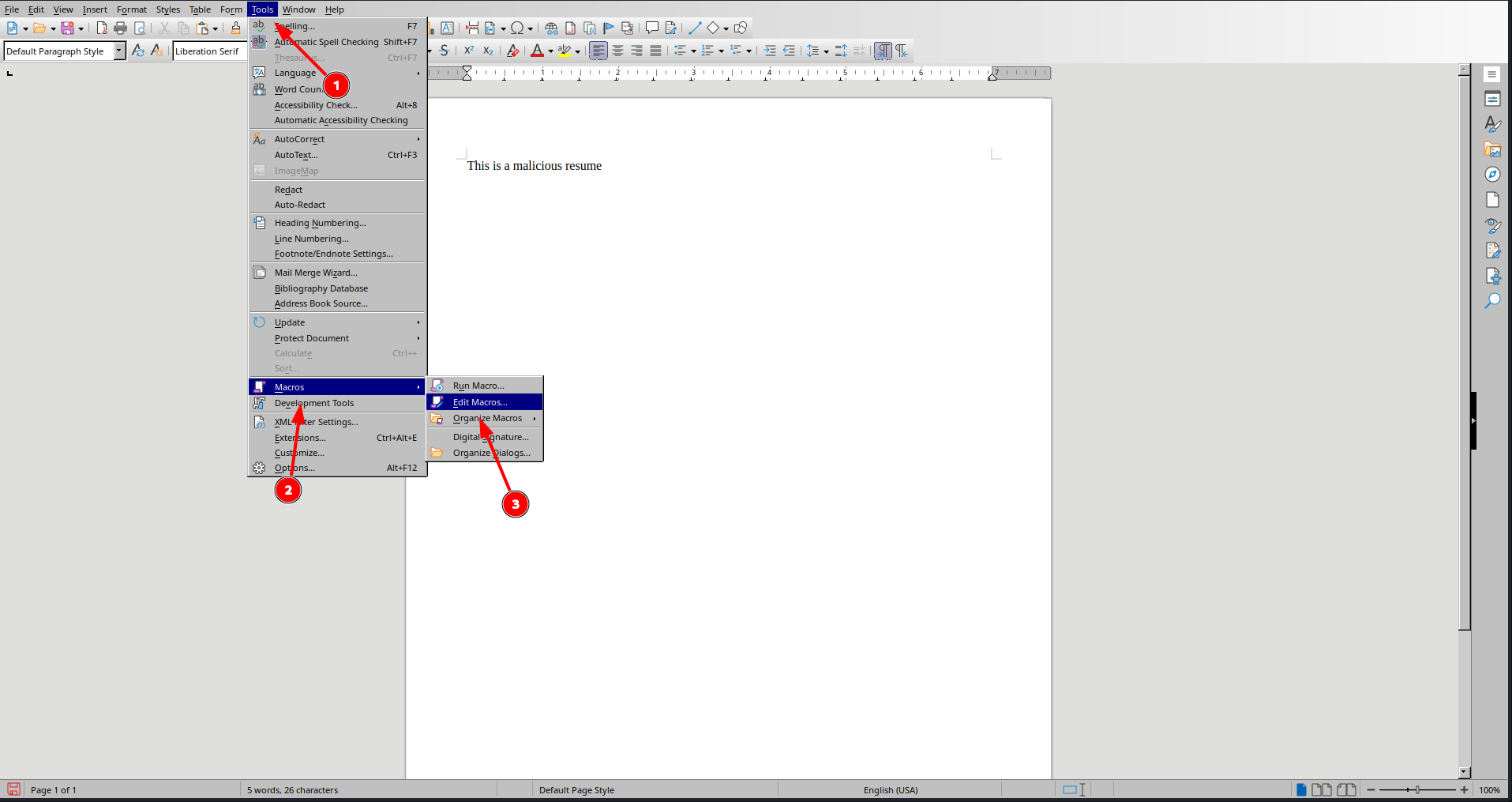 LibreOffice Writer with the Tools menu open, Macros highlighted and Edit Macros selected