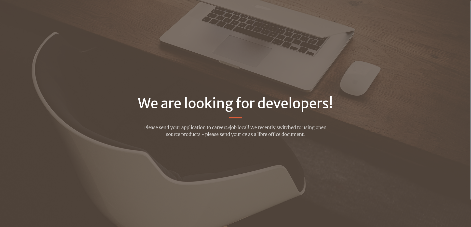 The Job.local website: a hero banner reading "We are looking for developers!" asking applicants to email a CV as a LibreOffice document